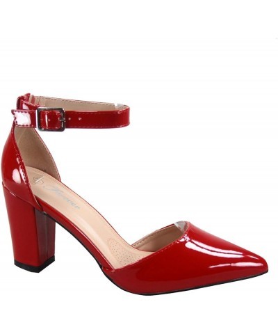 Women's Songful-6 by Forever Pointed Toe Ankle Strap Buckle Chunky Block Heel Sandals Red Patent $18.29 Sandals