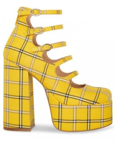 Womens Yellow Plaid 3" Platform Adjustable Round Toe Block Heel Zip-Up Dress Pumps Shoes 6.5 M $41.03 Flats