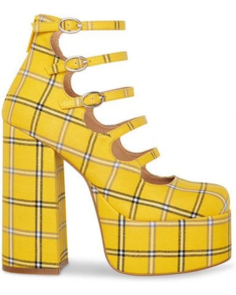 Womens Yellow Plaid 3" Platform Adjustable Round Toe Block Heel Zip-Up Dress Pumps Shoes 6.5 M $41.03 Flats