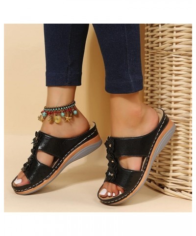 Women Retro Solid Leather Flower Decorative Sandals Ladies Breathable Open Toe Wedge Sandals Arch Support Support Black 8.5 $...