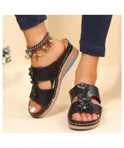 Women Retro Solid Leather Flower Decorative Sandals Ladies Breathable Open Toe Wedge Sandals Arch Support Support Black 8.5 $...