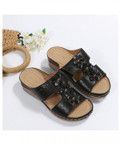 Women Retro Solid Leather Flower Decorative Sandals Ladies Breathable Open Toe Wedge Sandals Arch Support Support Black 8.5 $...