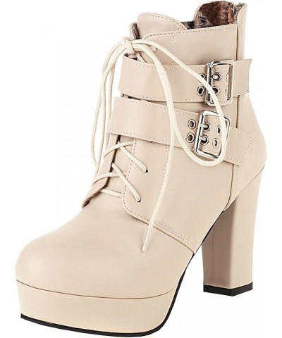 Womens Buckle Chunky Heel Platform Ankle Boots Lace Up High Heel Booties Beige $34.79 Boots