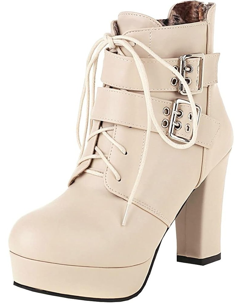 Womens Buckle Chunky Heel Platform Ankle Boots Lace Up High Heel Booties Beige $34.79 Boots