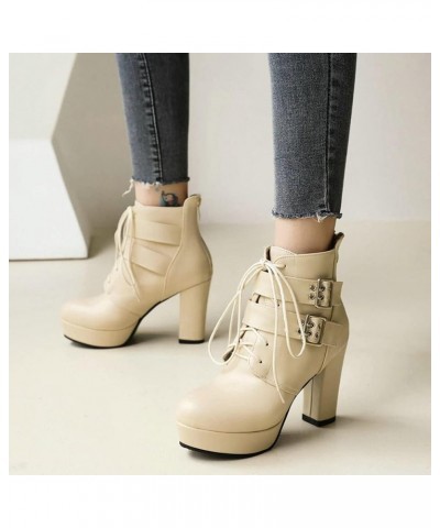 Womens Buckle Chunky Heel Platform Ankle Boots Lace Up High Heel Booties Beige $34.79 Boots