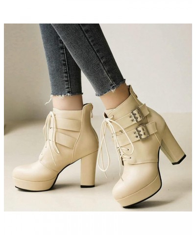 Womens Buckle Chunky Heel Platform Ankle Boots Lace Up High Heel Booties Beige $34.79 Boots