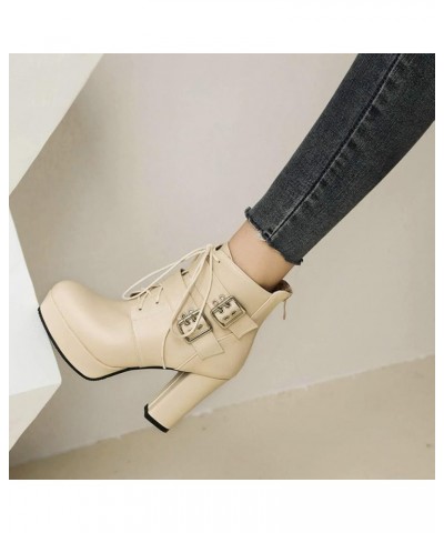 Womens Buckle Chunky Heel Platform Ankle Boots Lace Up High Heel Booties Beige $34.79 Boots