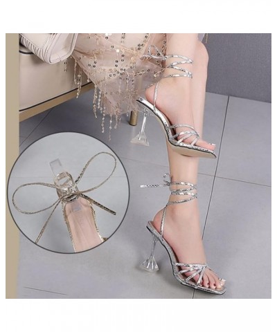 Women's Lace up High Stilettos Design Ladies Square Open Toe Heeled Sandals Causal Ankle Strap Dressy Thin Heel Sandals Silve...