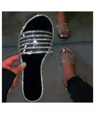 Flat Sandals for Women Rhinestone Sparkly Glitter Open Toe Slides Sandals Dressy Slip On Summer Casual Shoes Slippers Black $...