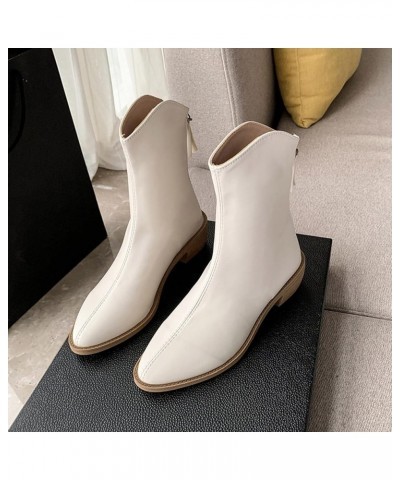 Fashion Autumn Women Ankle Boots Low Heel Thick Heel Pointed Toe Solid Color Back Zipper Boots for Women with Beige $16.51 Boots