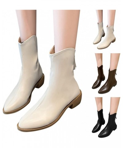 Fashion Autumn Women Ankle Boots Low Heel Thick Heel Pointed Toe Solid Color Back Zipper Boots for Women with Beige $16.51 Boots