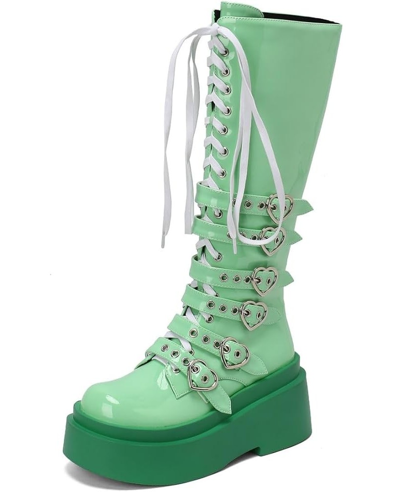 Womens Faux Suede Lace Up Knee High Wedge Platform Boots Buckle Green $33.99 Boots