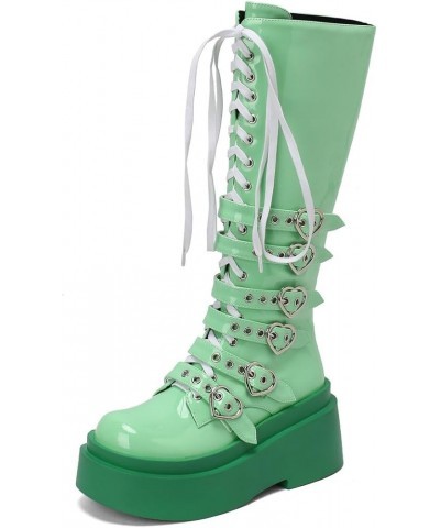 Womens Faux Suede Lace Up Knee High Wedge Platform Boots Buckle Green $33.99 Boots