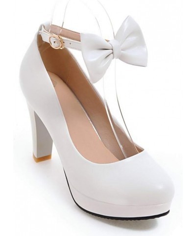 Women's Round Toe Bow Knot High Chunky Block Heel Platform Ankle Strap Pumps Wedding Dress Office Shoes Size 5-11 White $30.0...