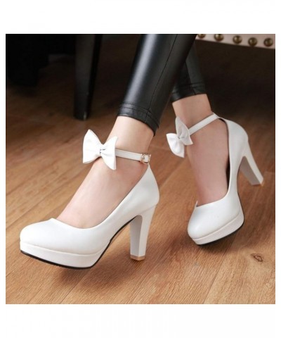 Women's Round Toe Bow Knot High Chunky Block Heel Platform Ankle Strap Pumps Wedding Dress Office Shoes Size 5-11 White $30.0...