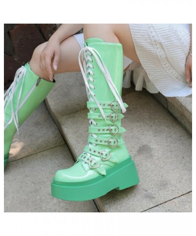 Womens Faux Suede Lace Up Knee High Wedge Platform Boots Buckle Green $33.99 Boots