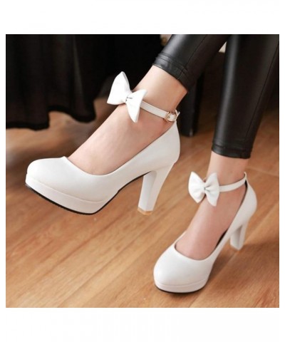 Women's Round Toe Bow Knot High Chunky Block Heel Platform Ankle Strap Pumps Wedding Dress Office Shoes Size 5-11 White $30.0...