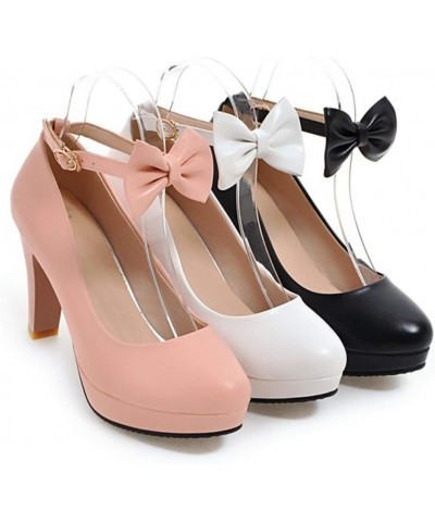 Women's Round Toe Bow Knot High Chunky Block Heel Platform Ankle Strap Pumps Wedding Dress Office Shoes Size 5-11 White $30.0...