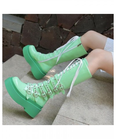 Womens Faux Suede Lace Up Knee High Wedge Platform Boots Buckle Green $33.99 Boots