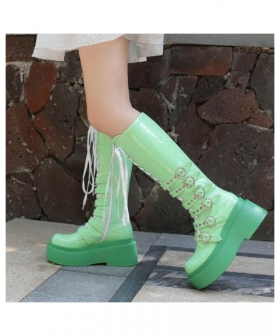 Womens Faux Suede Lace Up Knee High Wedge Platform Boots Buckle Green $33.99 Boots