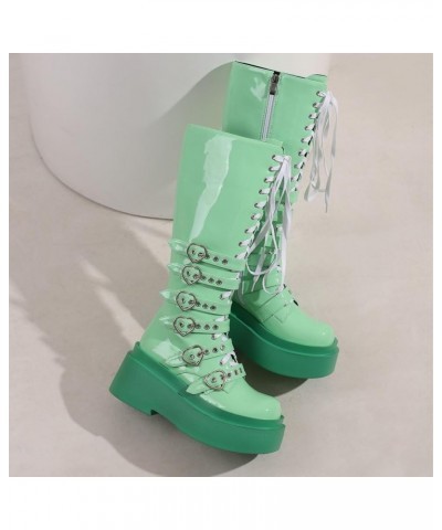 Womens Faux Suede Lace Up Knee High Wedge Platform Boots Buckle Green $33.99 Boots