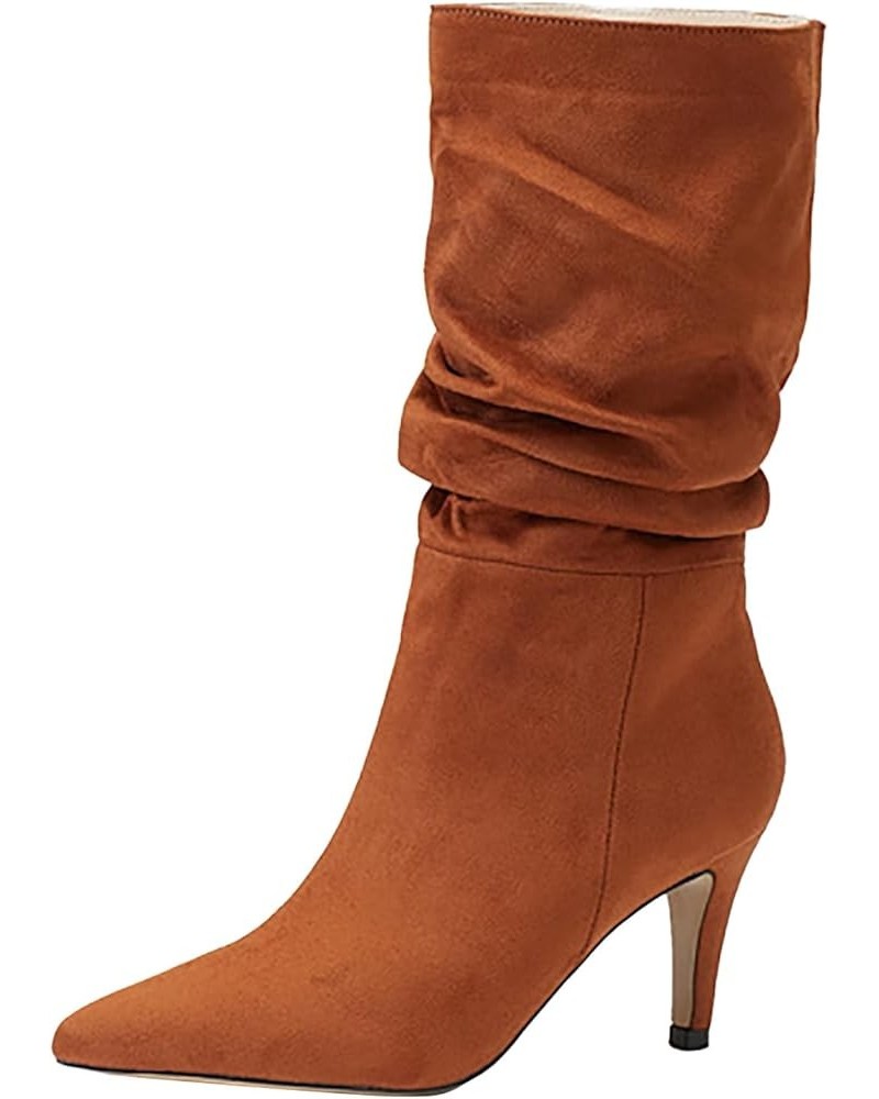 Womens Mid Calf Boot 2023 Fall High Heeled Suede Mid Heeled Sexy Pointed Toe Fashion Boots Women's Shoes Brown $30.38 Boots