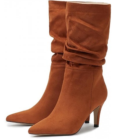 Womens Mid Calf Boot 2023 Fall High Heeled Suede Mid Heeled Sexy Pointed Toe Fashion Boots Women's Shoes Brown $30.38 Boots