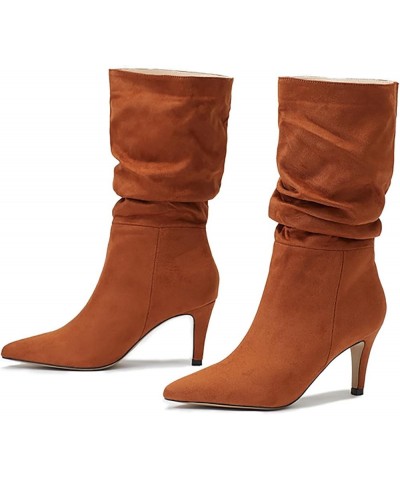 Womens Mid Calf Boot 2023 Fall High Heeled Suede Mid Heeled Sexy Pointed Toe Fashion Boots Women's Shoes Brown $30.38 Boots