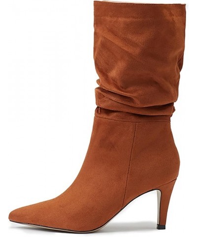 Womens Mid Calf Boot 2023 Fall High Heeled Suede Mid Heeled Sexy Pointed Toe Fashion Boots Women's Shoes Brown $30.38 Boots