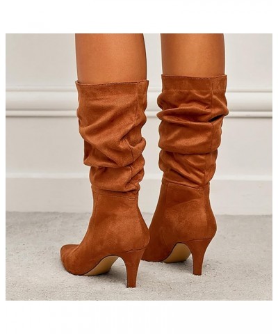 Womens Mid Calf Boot 2023 Fall High Heeled Suede Mid Heeled Sexy Pointed Toe Fashion Boots Women's Shoes Brown $30.38 Boots