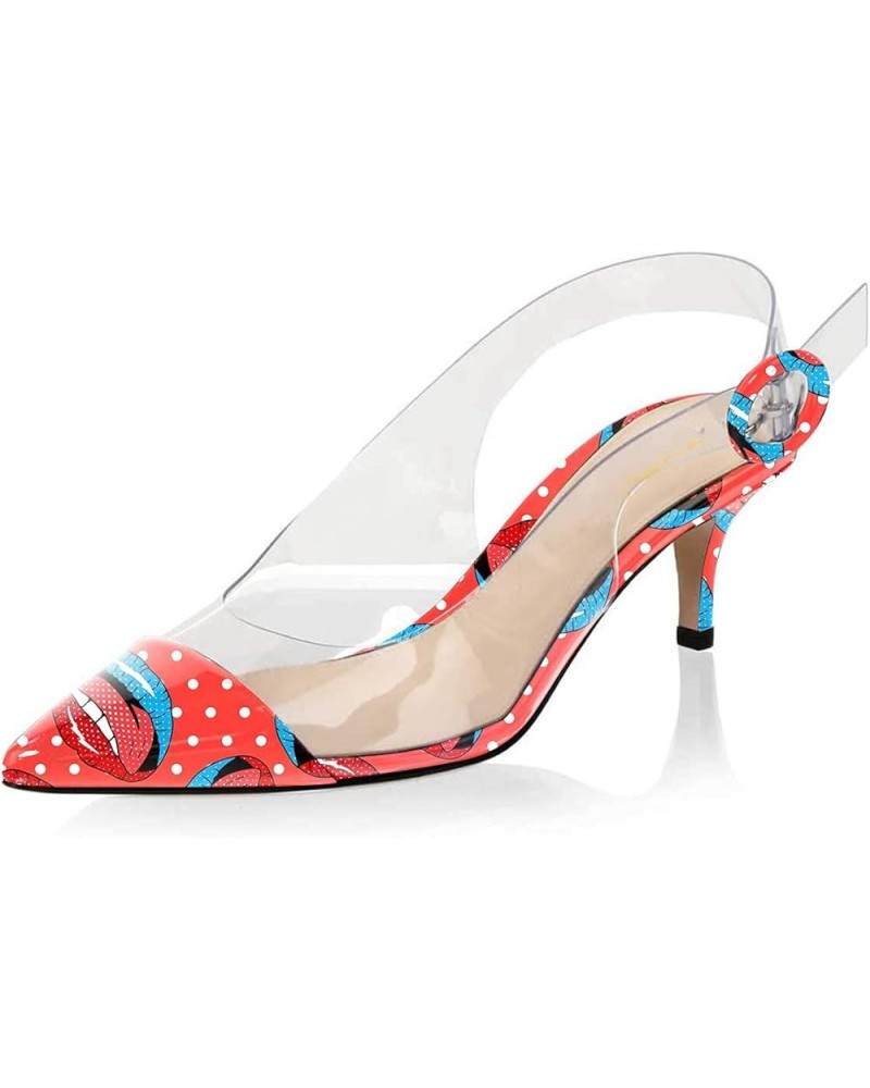 Women Transparent Slingback Mid Kitten Heels Pumps Pointed Toe PVC Dress Sandals Clear Shoes with Buckle Red Lips $25.28 Sandals