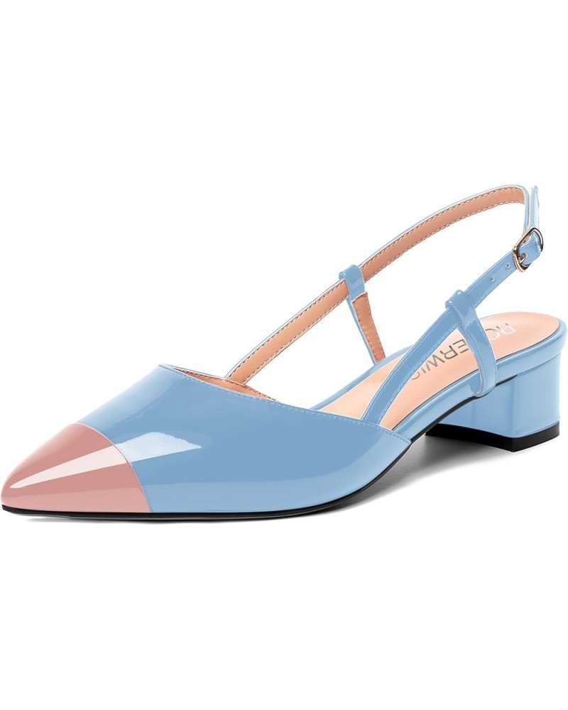 Womens Slingback Elegant Casual Pointed Toe Buckle Wedding Patent Chunky Low Heel Pumps Dress Shoes 1.5 Inch Pink Light Blue ...