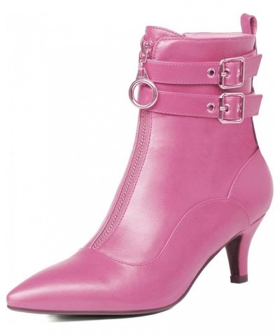 Womens Buckle Strap Kitten Heel Booties Pointed Toe Zipper Ankle Boots 2 Staps Hot Pink $34.19 Boots