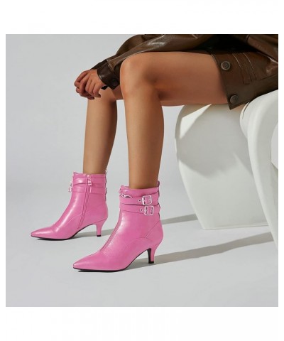 Womens Buckle Strap Kitten Heel Booties Pointed Toe Zipper Ankle Boots 2 Staps Hot Pink $34.19 Boots