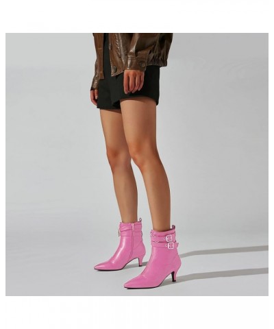 Womens Buckle Strap Kitten Heel Booties Pointed Toe Zipper Ankle Boots 2 Staps Hot Pink $34.19 Boots