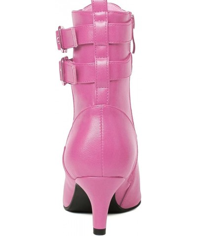 Womens Buckle Strap Kitten Heel Booties Pointed Toe Zipper Ankle Boots 2 Staps Hot Pink $34.19 Boots