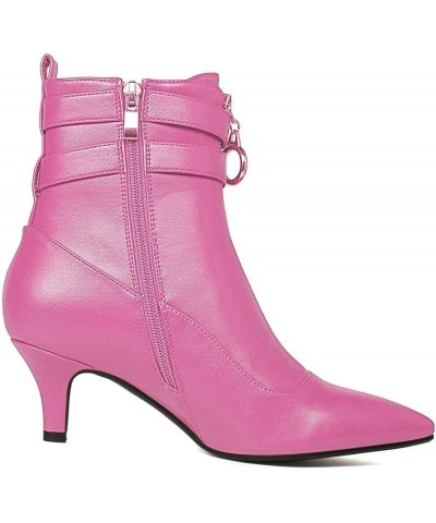 Womens Buckle Strap Kitten Heel Booties Pointed Toe Zipper Ankle Boots 2 Staps Hot Pink $34.19 Boots