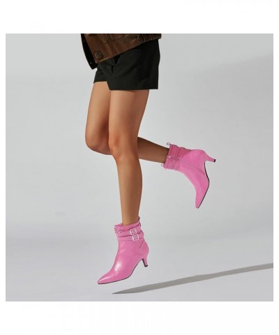 Womens Buckle Strap Kitten Heel Booties Pointed Toe Zipper Ankle Boots 2 Staps Hot Pink $34.19 Boots