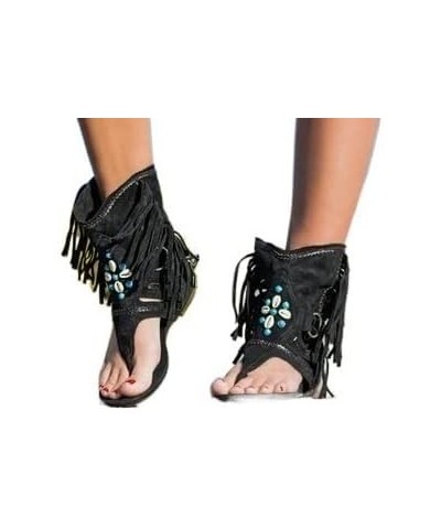 Retro Women Fringe Flower Wedges Shoes Solid Flock Beach Casual Sandals Women Summer Flip Flop Sandals (Color : Black A, Size...