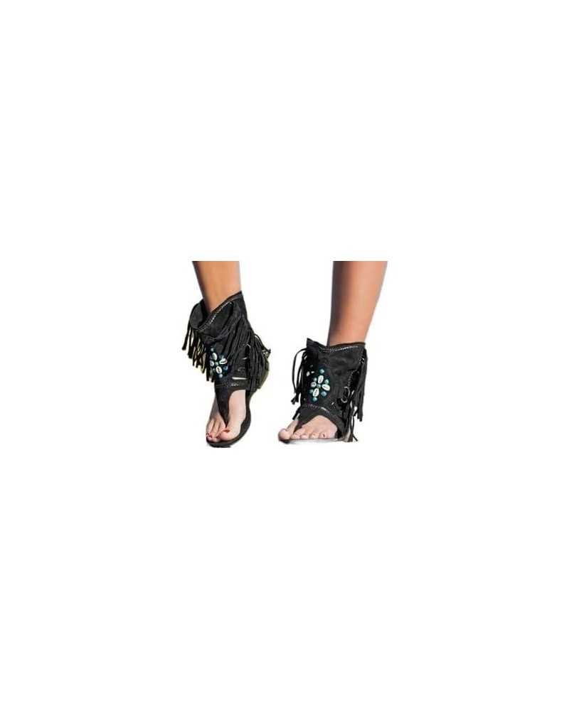 Retro Women Fringe Flower Wedges Shoes Solid Flock Beach Casual Sandals Women Summer Flip Flop Sandals (Color : Black A, Size...