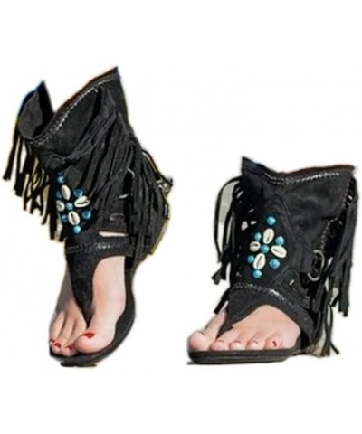 Retro Women Fringe Flower Wedges Shoes Solid Flock Beach Casual Sandals Women Summer Flip Flop Sandals (Color : Black A, Size...