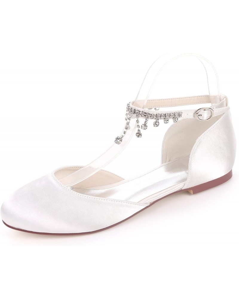 Women's Wedding Bridal Flats Shoes Satin Round Toe Shoes with Ankle Strap Bucklet Crystals Ballet Party Dress Flats Pumps Whi...