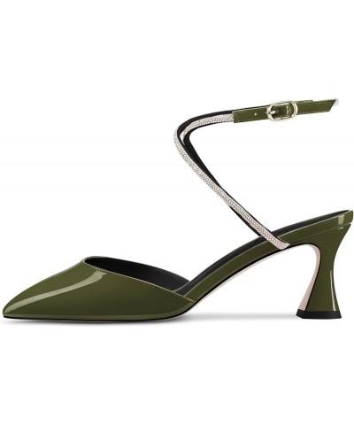 Women Mid Stiletto Heel Pointed Toe Cross-Strap Diamond Crystal 2.6 Inches Heels Dark Green $39.74 Pumps