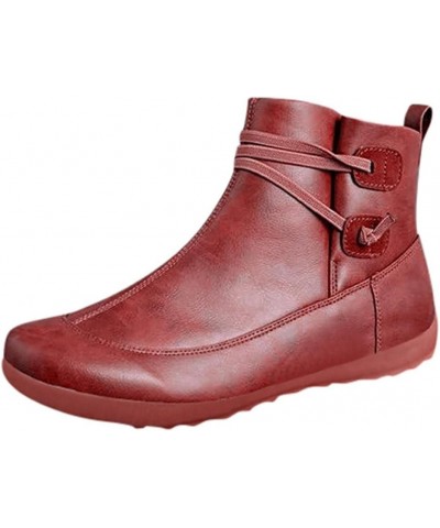 Women's Side Zipper Round Toe Boots Casual Flat Leather Wedge Waterproof Sneakers Lace-up Boots High Top Shoes A02red $10.65 ...