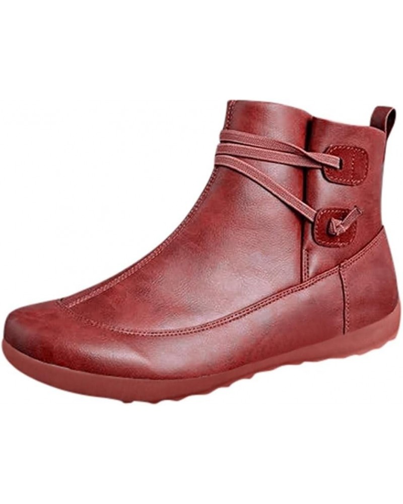 Women's Side Zipper Round Toe Boots Casual Flat Leather Wedge Waterproof Sneakers Lace-up Boots High Top Shoes A02red $10.65 ...