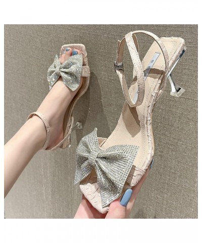 Woman's Square Open Toe Stiletto Heeled Sandal Fashion Rhinestone Bow High Heeled for Summer Dress Wedding Pink $26.65 Sandals