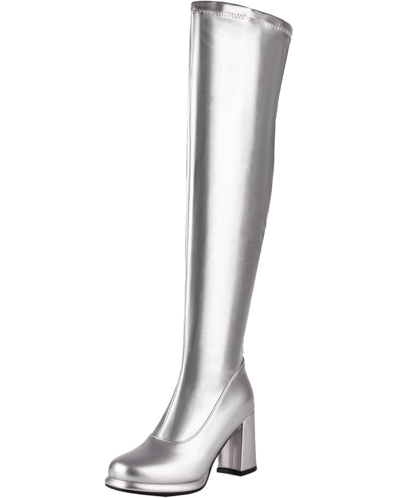 Women Platform and Chunky Heel Over the Knee Zipper Boots with Round Toe Silver $33.79 Boots