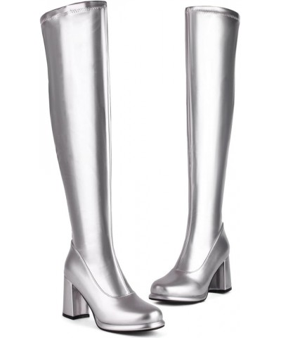 Women Platform and Chunky Heel Over the Knee Zipper Boots with Round Toe Silver $33.79 Boots