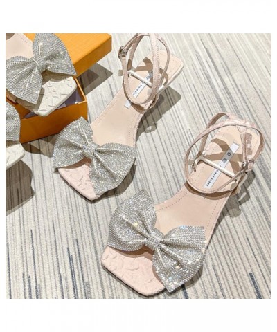 Woman's Square Open Toe Stiletto Heeled Sandal Fashion Rhinestone Bow High Heeled for Summer Dress Wedding Pink $26.65 Sandals