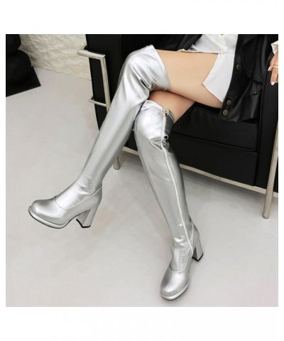 Women Platform and Chunky Heel Over the Knee Zipper Boots with Round Toe Silver $33.79 Boots